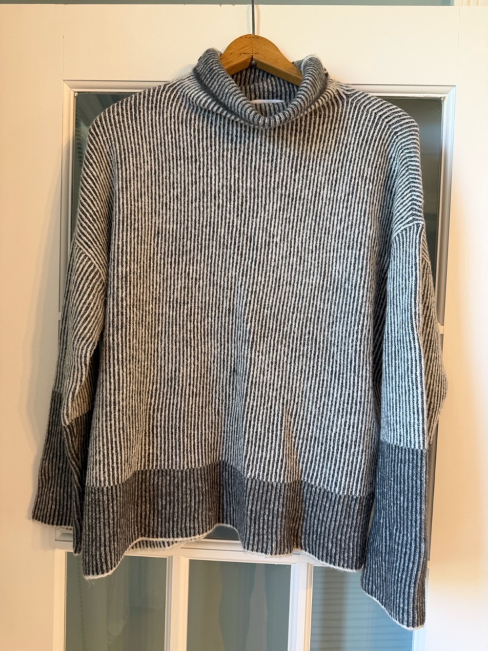 Calvin Klein Jeans Striped Turtleneck Sweater in Gray and Cream